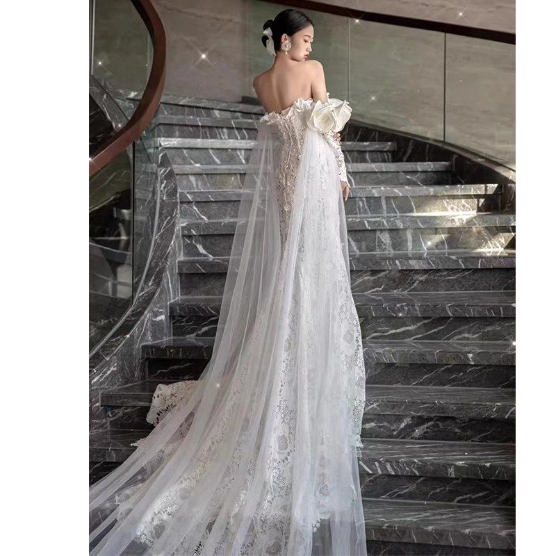 一字肩旅拍高档蕾丝轻婚纱2023新款新娘婚礼迎宾小个子简约出门纱,淘宝优惠券,粉丝福利购,淘宝优惠卷