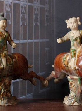 仿古唐朝代陶器陶马陶俑打马球俑摆件马球俑工艺品中式家居饰