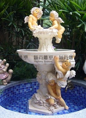 欧式花园庭院大厅招财鱼池水景玻璃钢多层摆件天使流水加湿喷泉