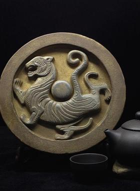 汉代白虎瓦当 新古典创意陶瓷 仿古董工艺品书房办公桌装饰摆件
