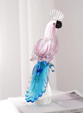 艺玻璃鹦间鹉鸟混彩艺术摆件术轻奢工手吹制玻璃客厅琉璃鹦鹉样板