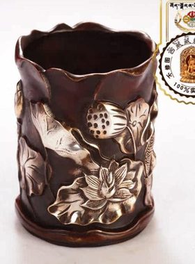 西藏红创意家居民族特色铜笔筒荷叶莲花鲤鱼笔筒客厅工艺品摆件