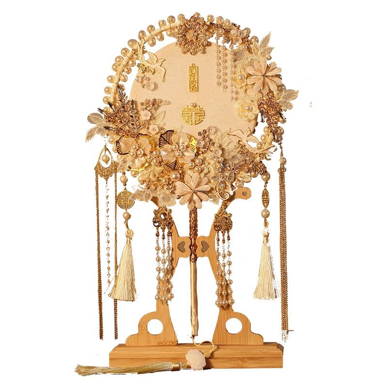 香槟色团扇新娘结婚di材料包 重工喜扇秀禾服婚礼级感遮面扇子,淘宝优惠券,粉丝福利购,淘宝优惠卷