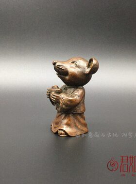 实心铜元宝老鼠摆件 复古包浆生肖小老鼠铜鼠茶宠铜艺工艺品