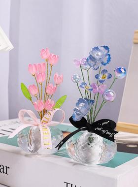 水晶花朵桌面小摆件创意客厅轻奢高档家居玄关装饰品办公工位摆件