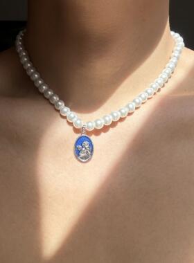 珍珠项链男高级感轻奢小众锁骨链复古风做旧蓝釉宫廷情侣款配饰