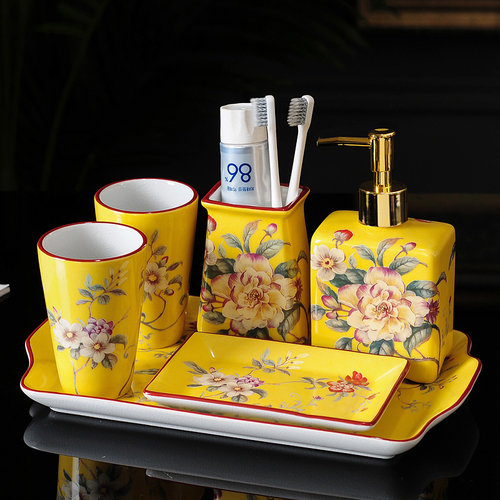 陶瓷家用刷牙杯牙缸套装酒店民宿漱口杯牙杯牙刷架肥皂盒洗漱套件 - 图0