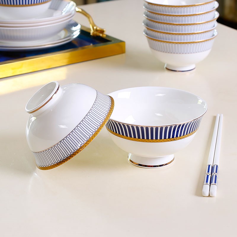 欧式高档骨瓷餐具碗碟套装家用陶瓷高脚米饭碗10个组合面碗大汤碗 - 图0