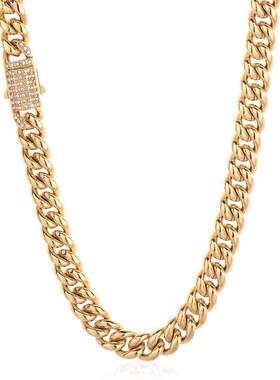 欧美跨境不锈钢饰品锆石弹簧扣古巴链钛钢项链嘻哈个性男士项饰