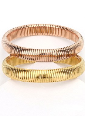 欧美跨境不锈钢弹力手镯男女钛钢镀金弹簧弹性手链手环饰品