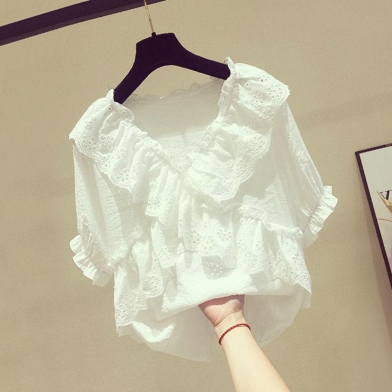2023夏季新款显瘦宽松v领雪纺衫女短袖荷叶边娃娃领时尚洋气上衣,淘宝优惠券,粉丝福利购,淘宝优惠卷