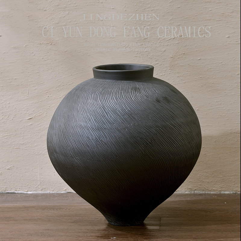 新黑色粗陶罐大肚瓶插器客厅样板间软装家居饰品,淘宝优惠券,粉丝福利购,淘宝优惠卷