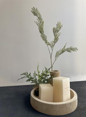 侘寂风绿植软装造景餐木质托盘盆桌面装饰玄关圆形果盘