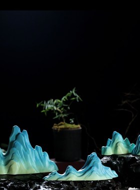 陶瓷千里江山青绿假山家居水景摆件鱼缸造景禅意新V中式茶桌室装