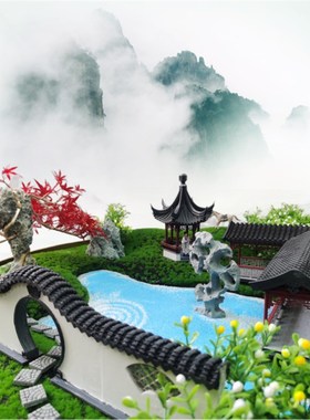 新中式酒店轻奢摆件旋转圆桌装饰摆景 江南庭院 苏州园林楼阁摆台