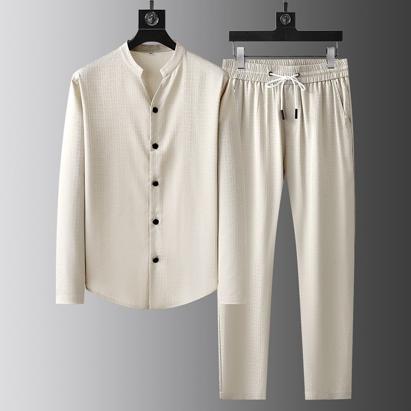 2024年春季新款休闲套装男士长袖时尚提花衬衫开衫薄款丝滑两件套,淘宝优惠券,粉丝福利购,淘宝优惠卷