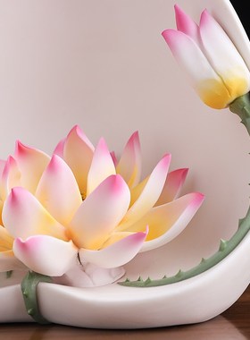 《一路连升》陶瓷莲花摆件 手工瓷花中式客厅玄关佛前装饰工艺品