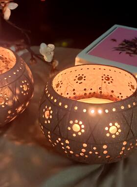 椰子壳烛台风灯马灯复古烛光晚餐镂空椰子壳特色复古光影烛台摆件