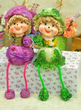 田园树脂绿白菜紫包菜吊脚娃娃 家居装饰工艺礼品 摆件