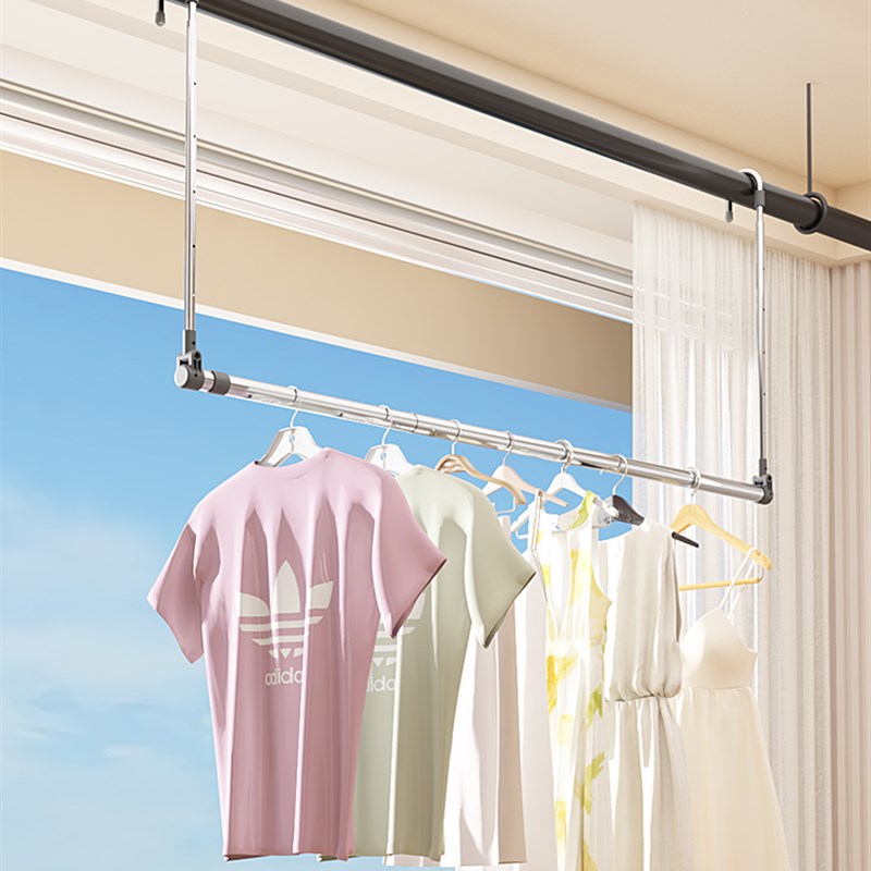 不锈钢伸缩阳台晾衣架家用t晾衣杆可升降折叠室内悬挂式晒被子神 - 图2