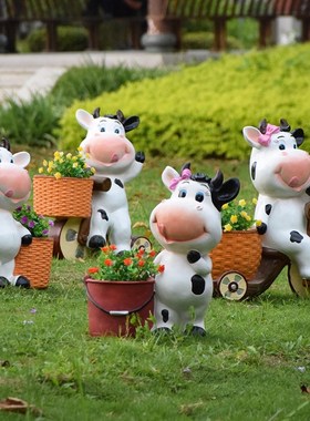 户外庭院花园装饰卡通奶牛花缸幼儿园草坪摆件欢迎牌雕塑动物花盆