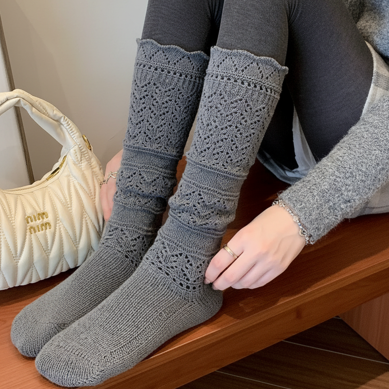 可叠穿秋冬保暖针织镂空小腿袜复古羊毛堆堆袜子女毛线花边长袜,淘宝优惠券,粉丝福利购,淘宝优惠卷