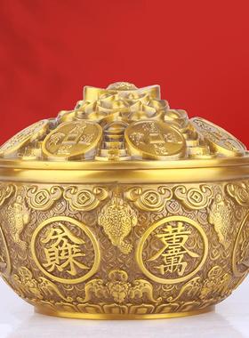 纯黄铜聚宝盆如意金蟾摆件带盖存钱罐客厅店铺装饰品开业送礼米缸