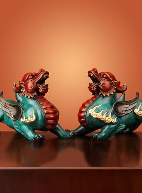 《霸王貔貅》纯黄铜貔貅摆件招财皮丘一对公母客厅玄关聚财工艺品