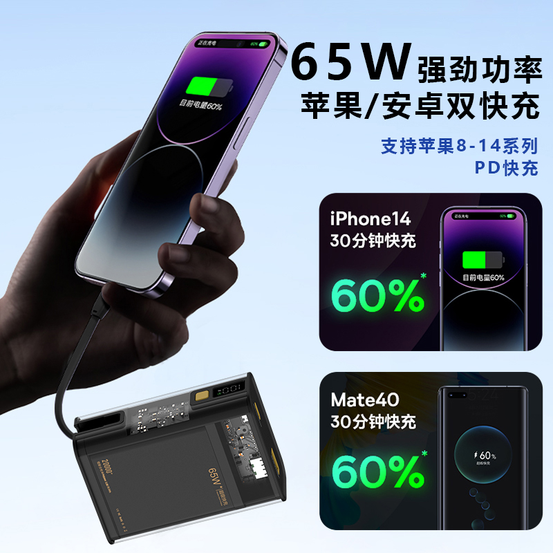正品真65W充电宝自带线超级快充大容量35W适用苹果华为小米荣耀平板笔记本PD30W超薄小巧便携20000毫安氮化镓 - 图3