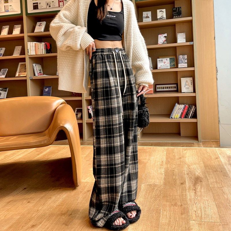 加绒格子裤女2024秋冬撞色高腰垂感毛呢阔腿裤宽松休闲直筒裤子,淘宝优惠券,粉丝福利购,淘宝优惠卷
