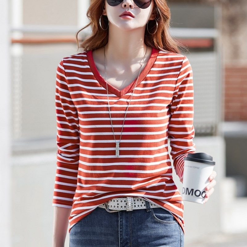 条纹v领长袖t恤女宽松打底衫内搭2024年春装新款女装外穿洋气上衣,淘宝优惠券,粉丝福利购,淘宝优惠卷