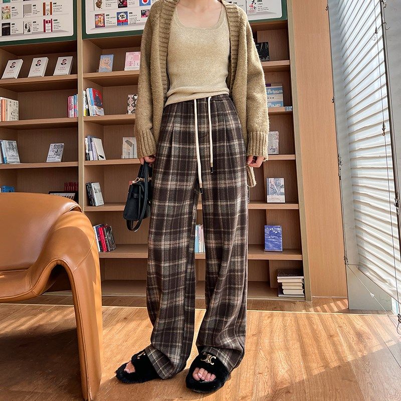 加绒格子裤女2024秋冬撞色高腰垂感毛呢阔腿裤宽松休闲直筒裤子,淘宝优惠券,粉丝福利购,淘宝优惠卷