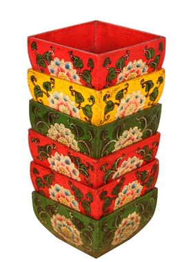 新中式仿古实木米斗摆件手绘收纳盒储物罐日进斗金家居装饰品花器