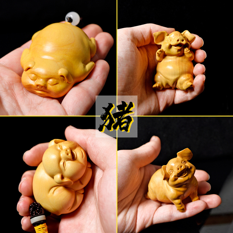 木雕黄杨木雕刻动物小猪文玩男女手把玩件家居饰品福笑猪 - 图0