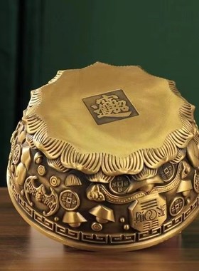 纯黄铜招财沈万三聚宝盆摆件家用客厅办公室财位店铺开业乔迁礼品