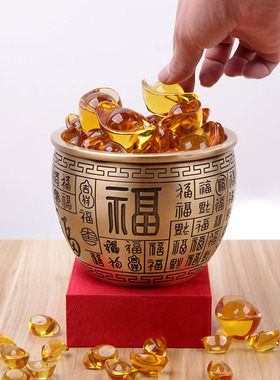 招财进宝百福铜缸纯黄铜米缸聚宝盆摆件客厅家居聚财小铜盆存钱罐