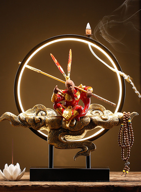 禅意灯圈齐天大圣孙悟空中式摆件迎客松客厅玄关装饰斗战胜佛茶台