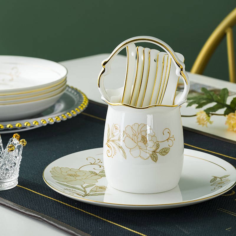 景德镇陶瓷餐具碗碟套装家用金边骨瓷碗盘套装结婚乔迁新居送礼盒 - 图1