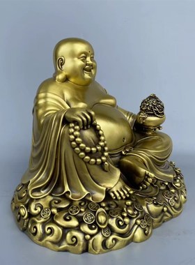 大号弥勒佛摆件纯铜聚宝盆笑佛大肚元宝佛客厅装饰品家用供奉佛像