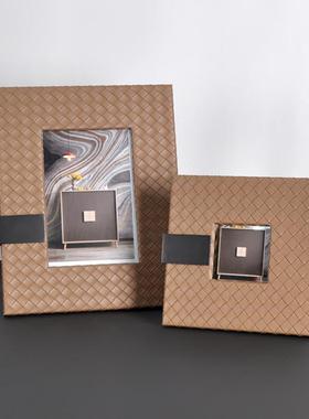 特价简约高端编织皮质相框民宿卧室床头柜书房桌面家居装饰品摆件