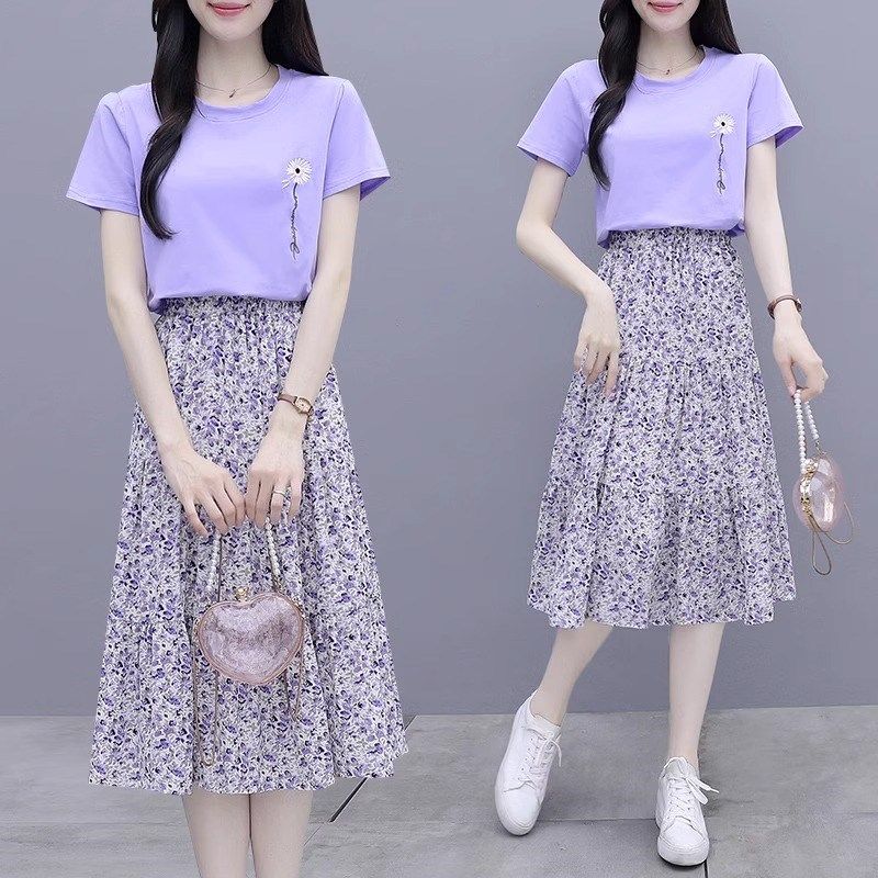 紫色小雏菊短袖t恤连衣裙子两件套装休闲碎花雪纺半身裙夏季女装,淘宝优惠券,粉丝福利购,淘宝优惠卷