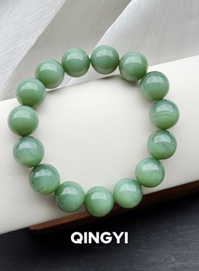 天然俄料和田玉碧玉粉青色手串14mm男女款素圈圆珠玉石手链礼物