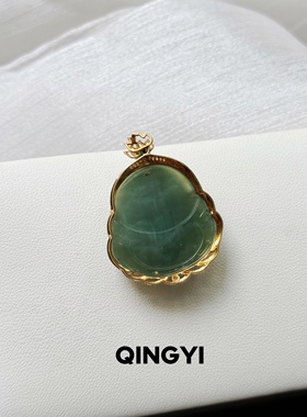 天然俄料和田玉猫眼碧玉弥勒佛吊坠18k金女款粉青佛公玉石挂件