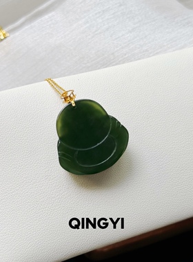天然俄料和田玉碧玉弥勒佛吊坠18k金女款佛公玉石挂件送朋友礼物