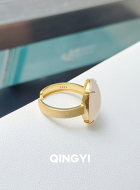 天然正品青海和田玉藕粉戒指s925银女款蛋面玉石指环送朋友礼物