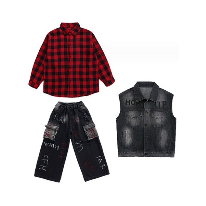 少儿街舞嘻哈hiphop演出服架子鼓牛仔马甲裤子套装红格子衬衫亮眼,淘宝优惠券,粉丝福利购,淘宝优惠卷