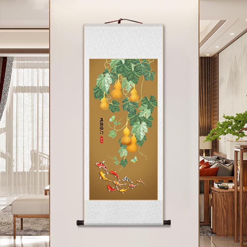 五福临门卷轴挂画新中式葫芦装饰画客厅书房玄关寓意好福禄壁画 - 图3