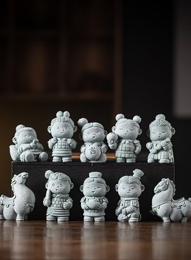 新中式兵马俑茶宠摆件卡通童趣将士手把件博古架摆设造景桌面装饰