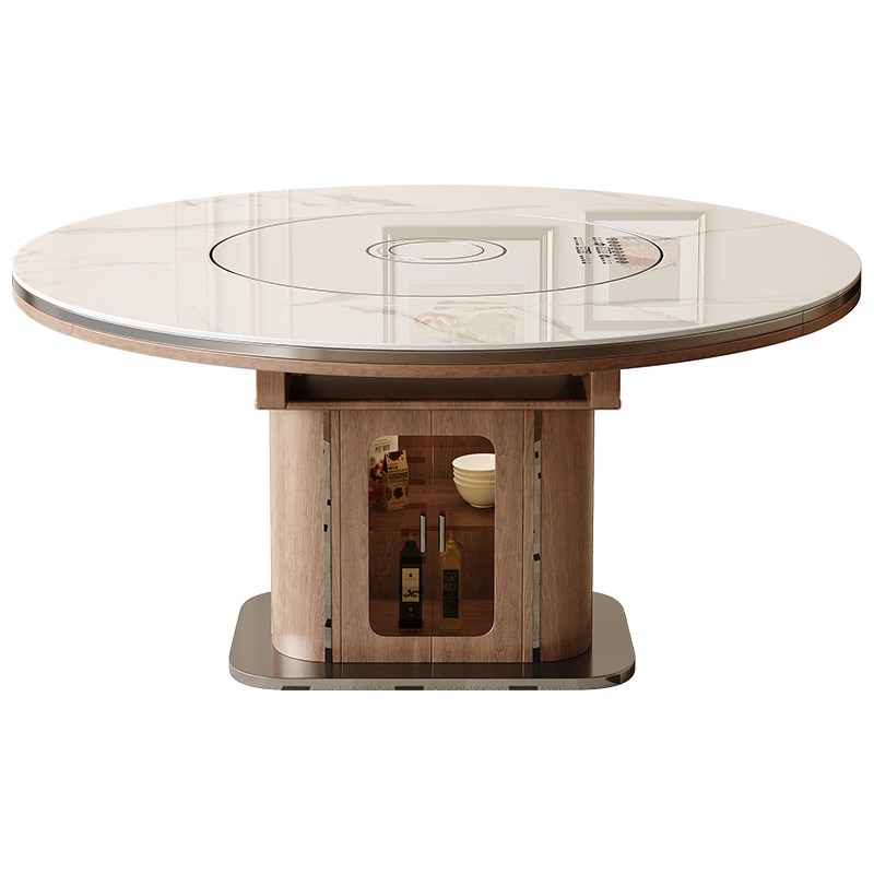 北马复古实木岩板餐桌带胡桃色餐柜小户型家用可伸缩暖菜方圆可变 - 图3