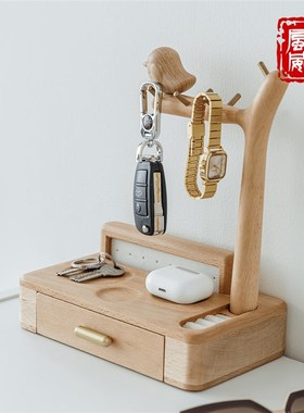 海风威实木玄关桌面化妆品收纳盒精致耳环饰品架梳妆台卧室摆件